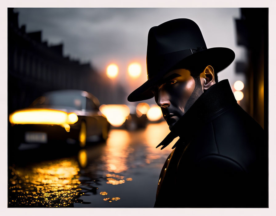 Mysterious man in hat and coat on dimly lit street at dusk