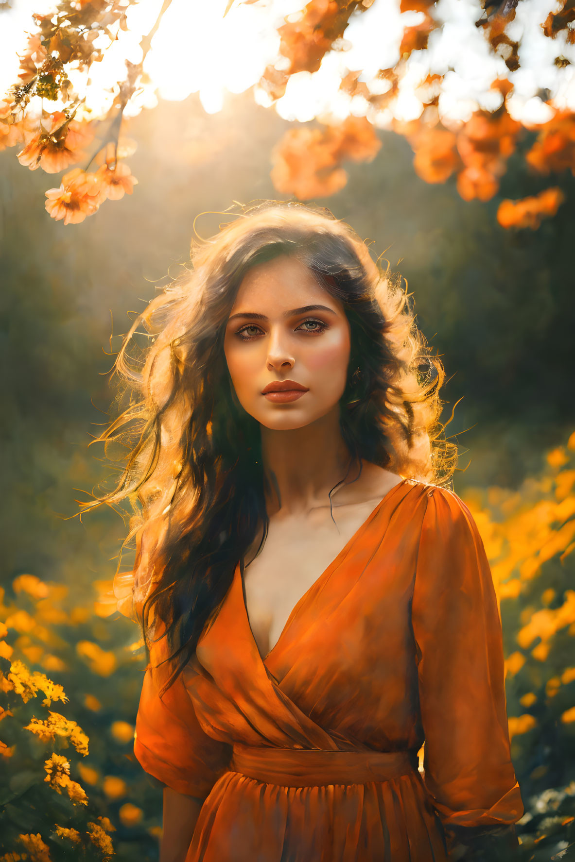 Woman in Orange Dress Surrounded by Sunlight and Blooming Flowers