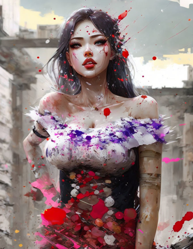 Vibrant makeup woman against urban backdrop in red and purple splatter