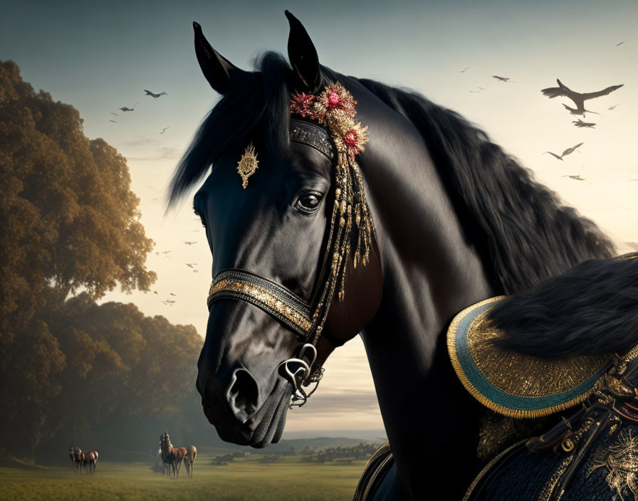 Majestic black horse with ornate bridle, birds in serene sky