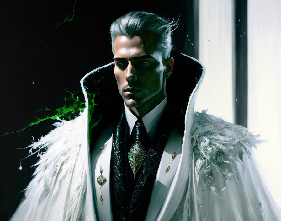 Illustrated portrait of a man with slicked-back hair, white fur coat, and glowing green accents