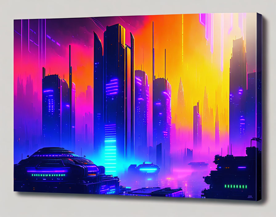 Vibrant cyberpunk cityscape canvas art print with neon-lit skyscrapers