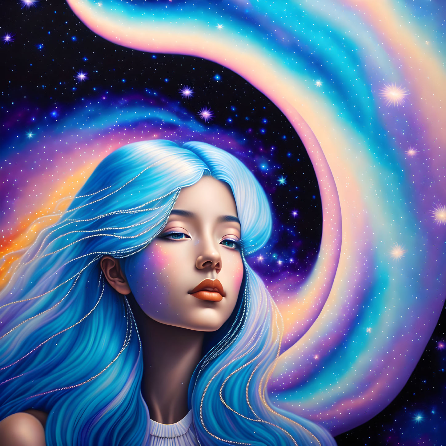 Blue-haired woman in cosmic setting with stars and galaxy swirl.