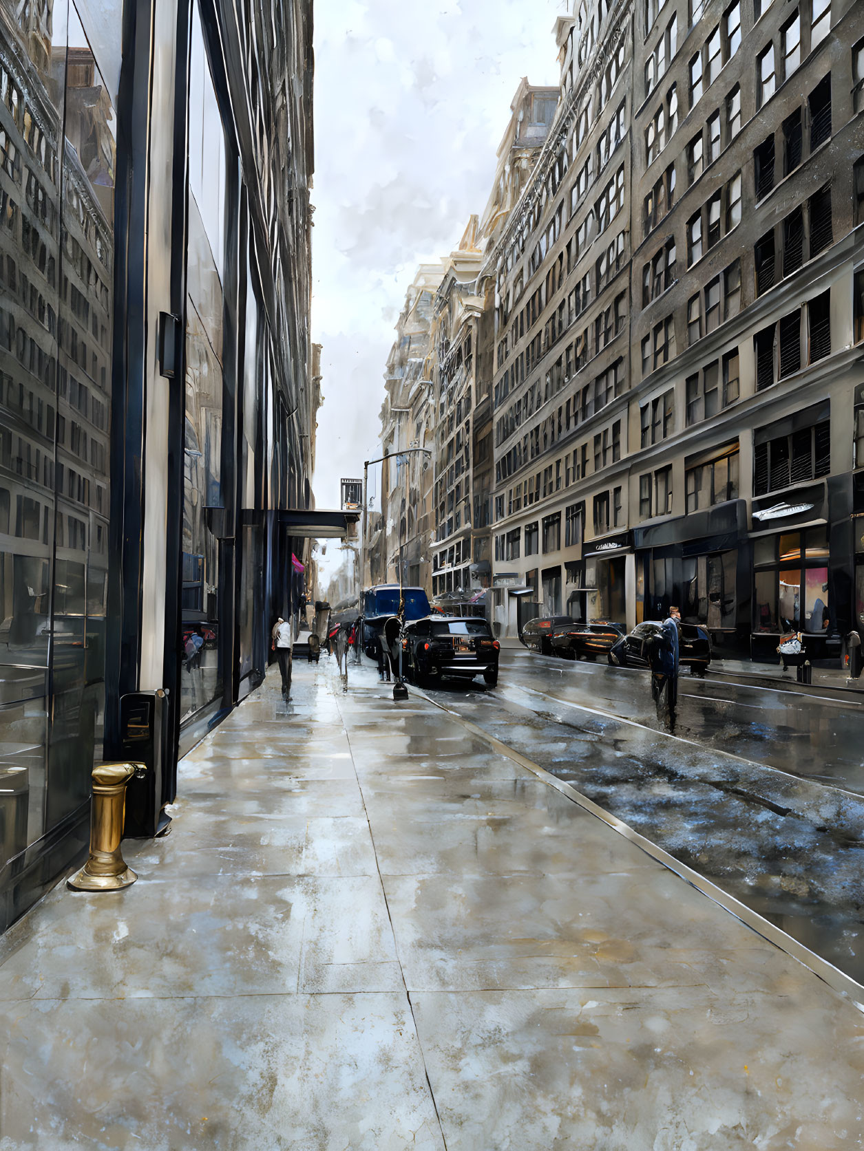 City street scene: Rainy day reflections, pedestrians, parked cars, overcast skies