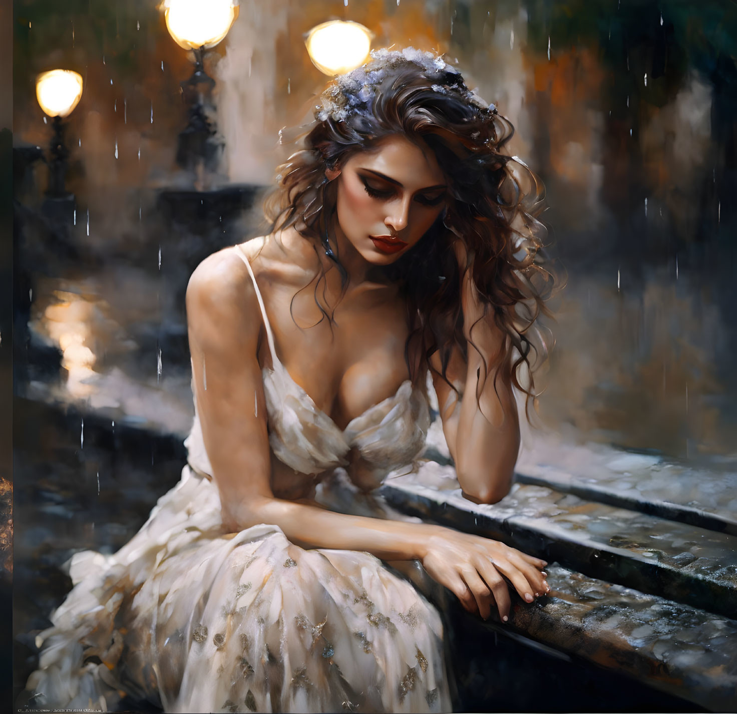 Woman in White Dress Sitting on Bench in Rainy Street Scene