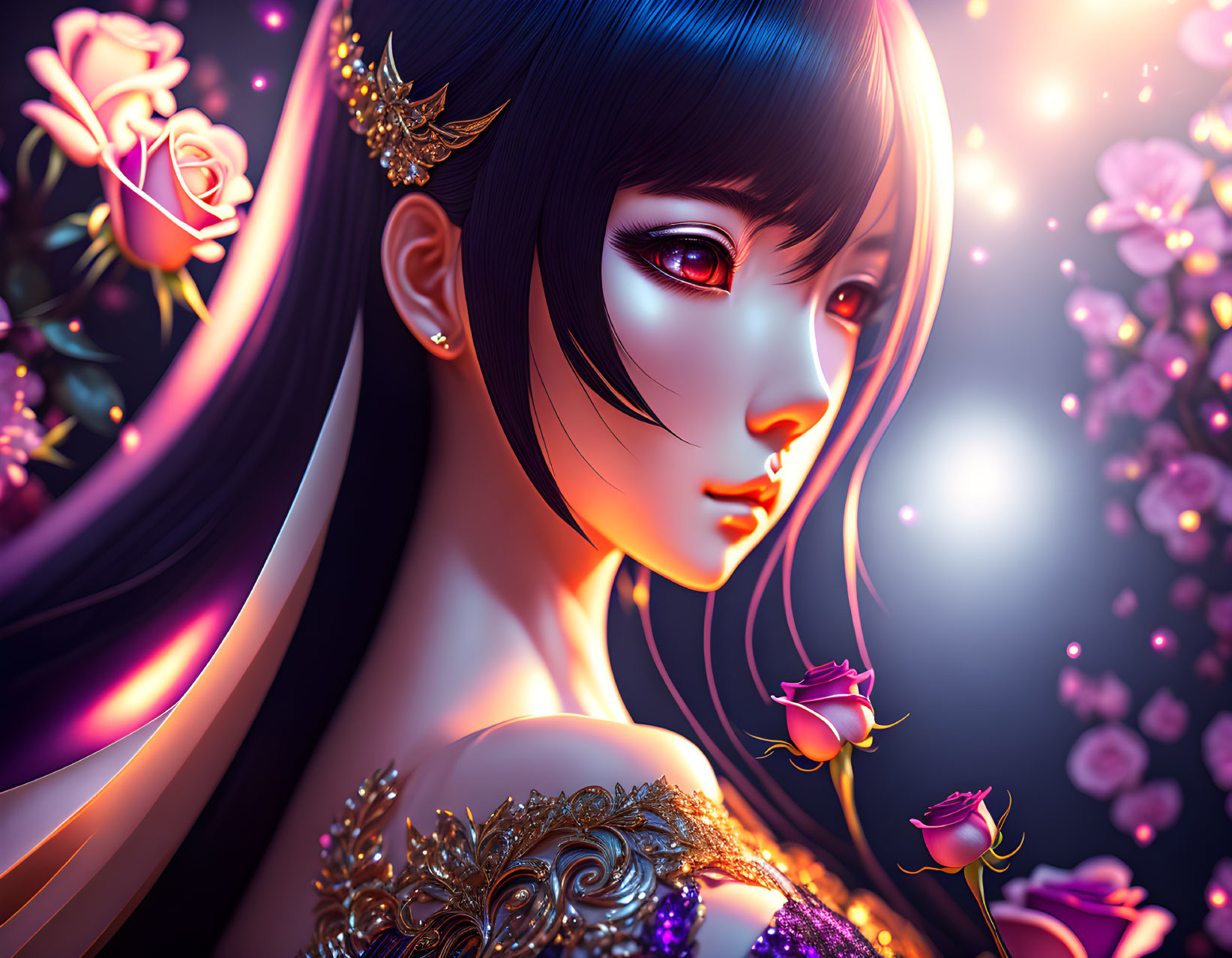 Stylized woman with dark hair and golden accessory among pink roses