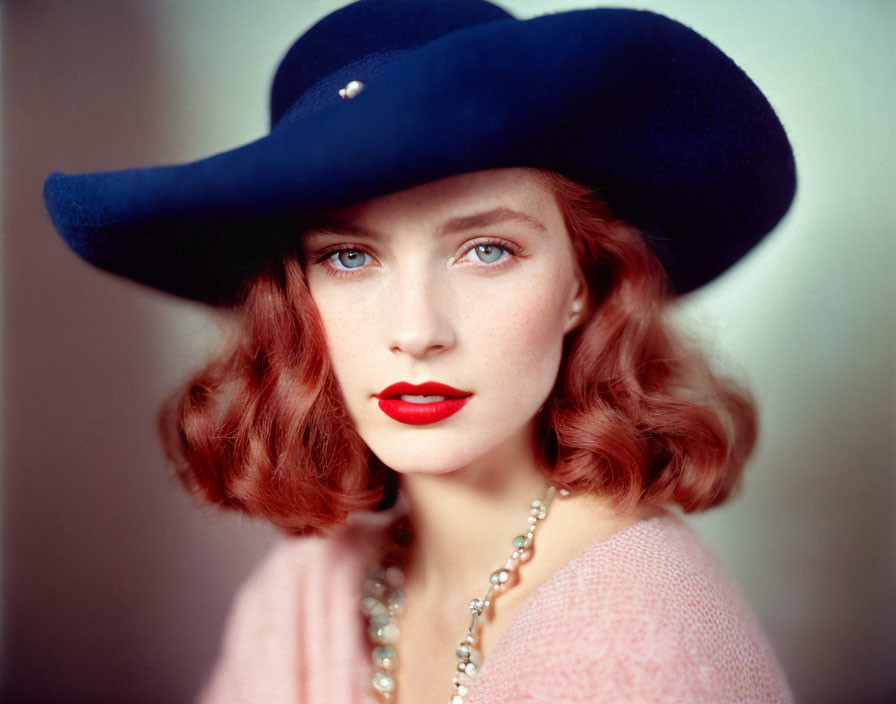 Portrait of Woman with Red Hair, Blue Hat, Pink Top, and Pearls