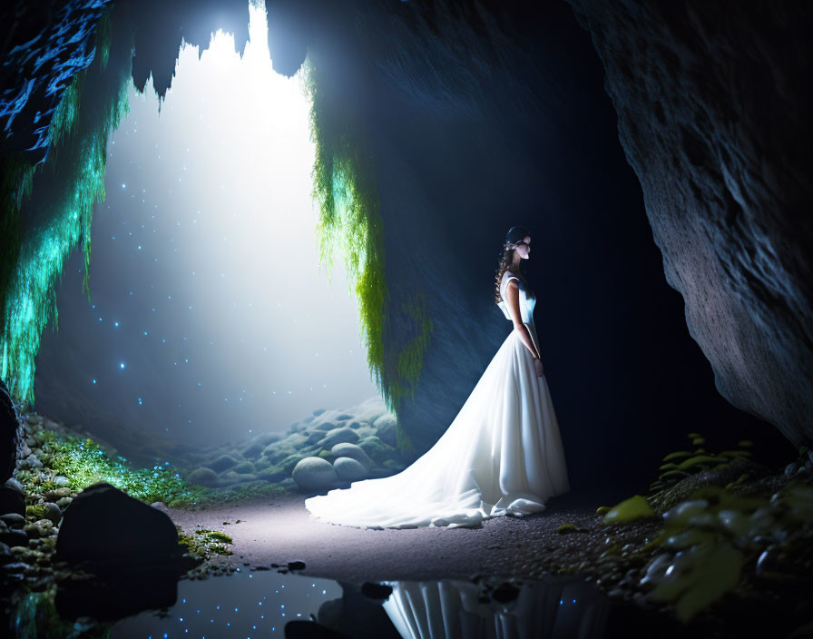 Bride in white gown at cave entrance with bright light and water view