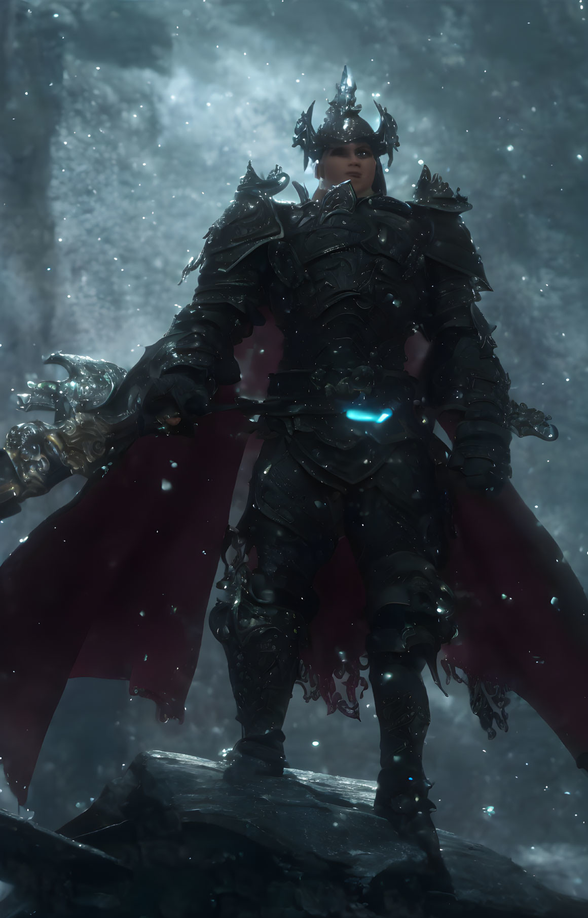 Warrior in black armor with blue details and red cape in snowy scene