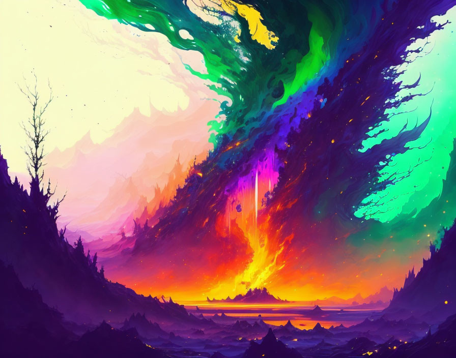 Surreal landscape with cosmic swirl above colorful trees & mountains