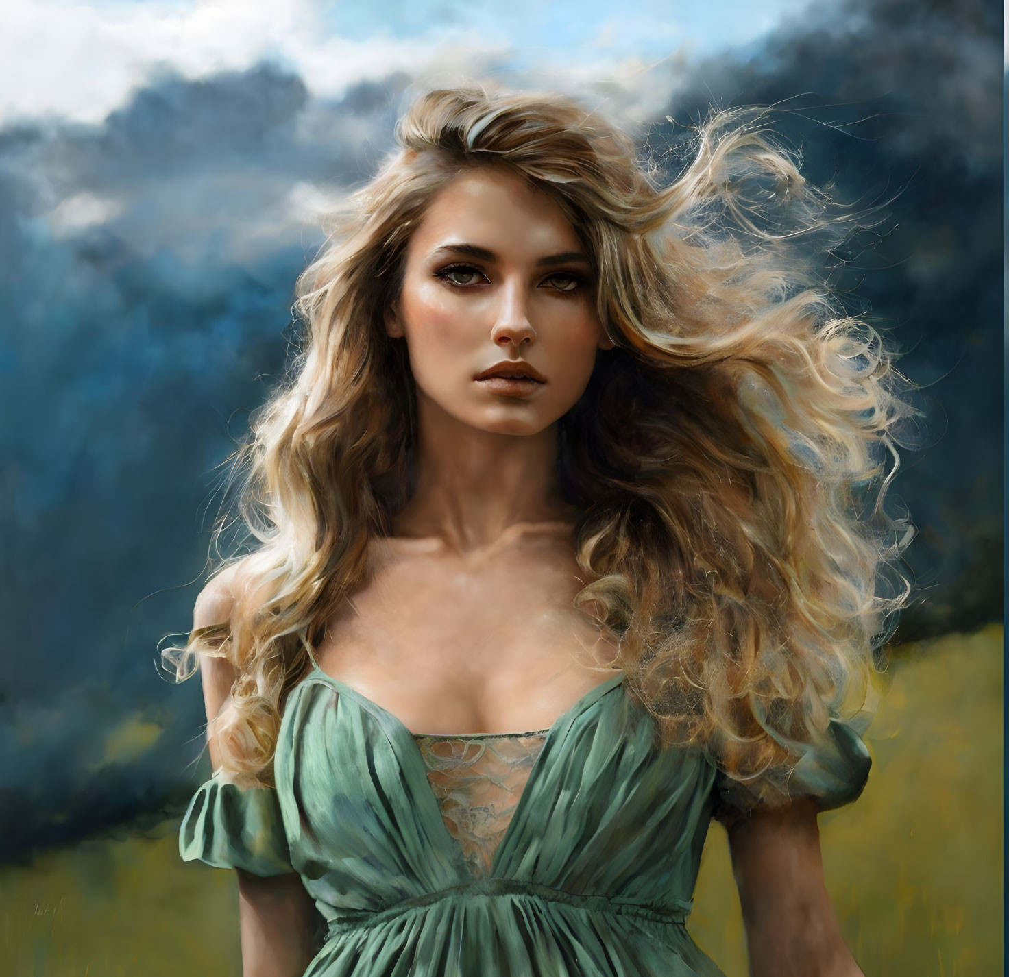 Blonde woman in green dress with intense gaze against blurred background