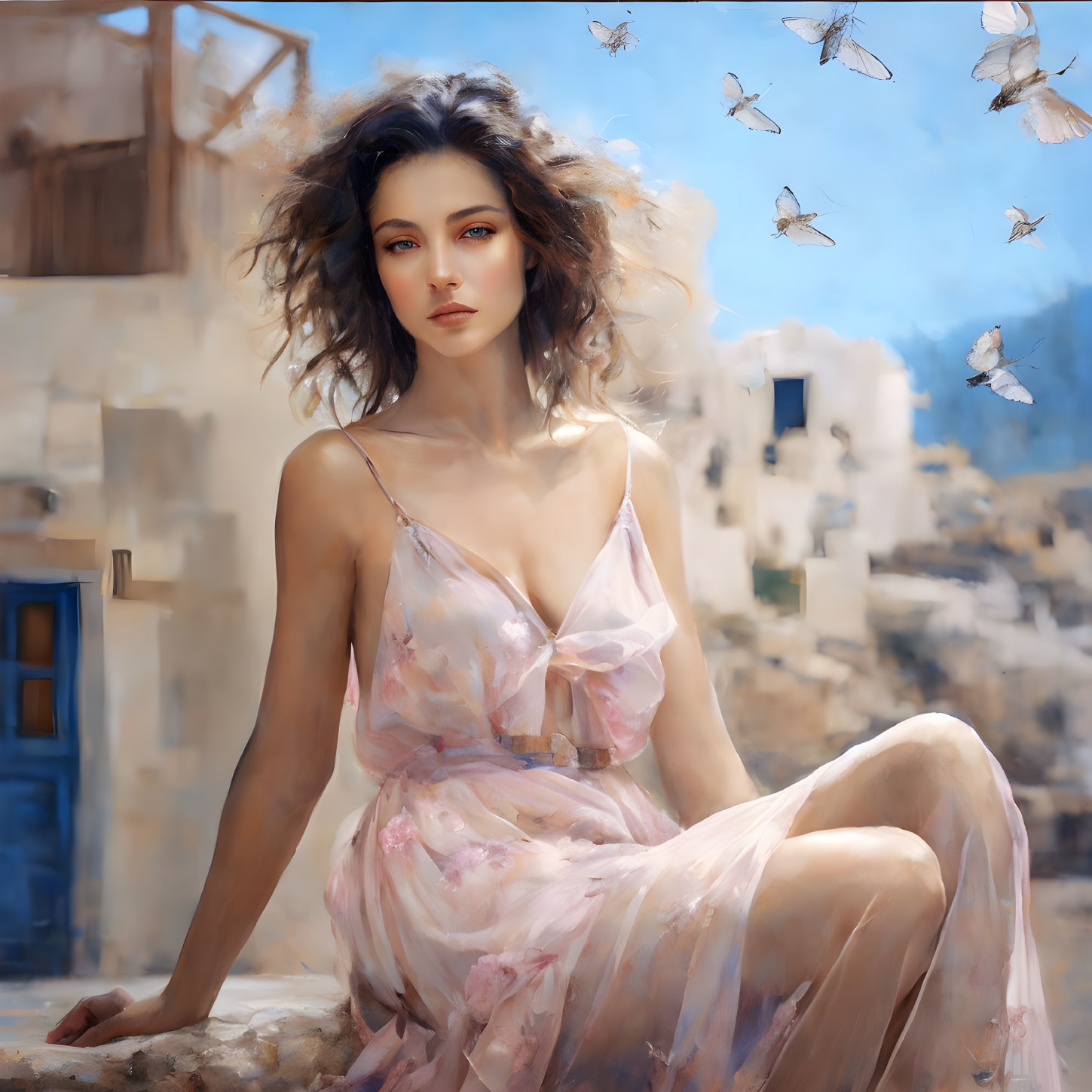 Woman in flowing dress surrounded by butterflies and old stone buildings