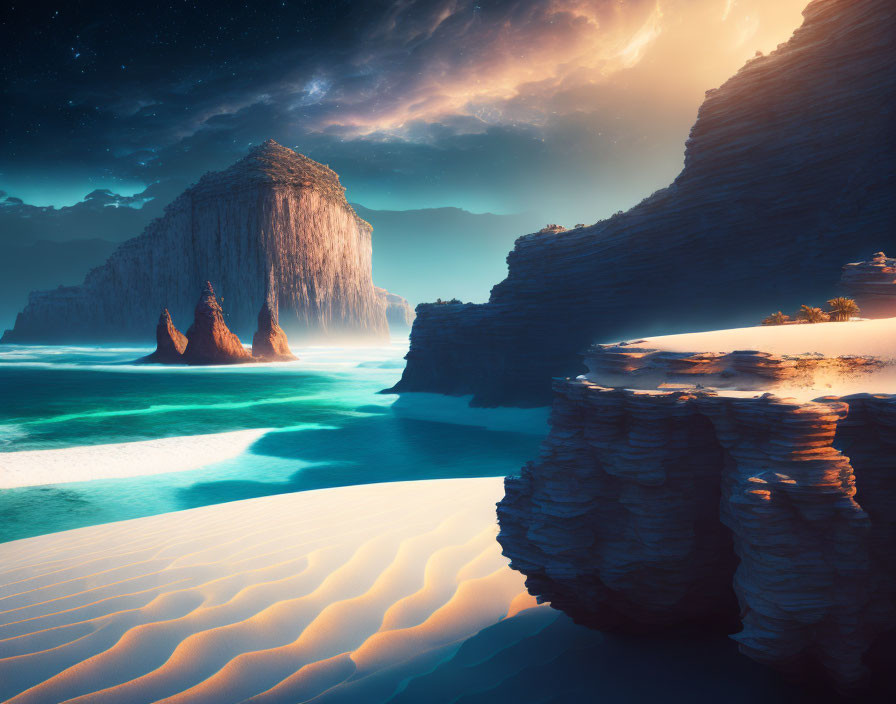 Surreal landscape with towering cliffs, waterfalls, dunes under twilight sky