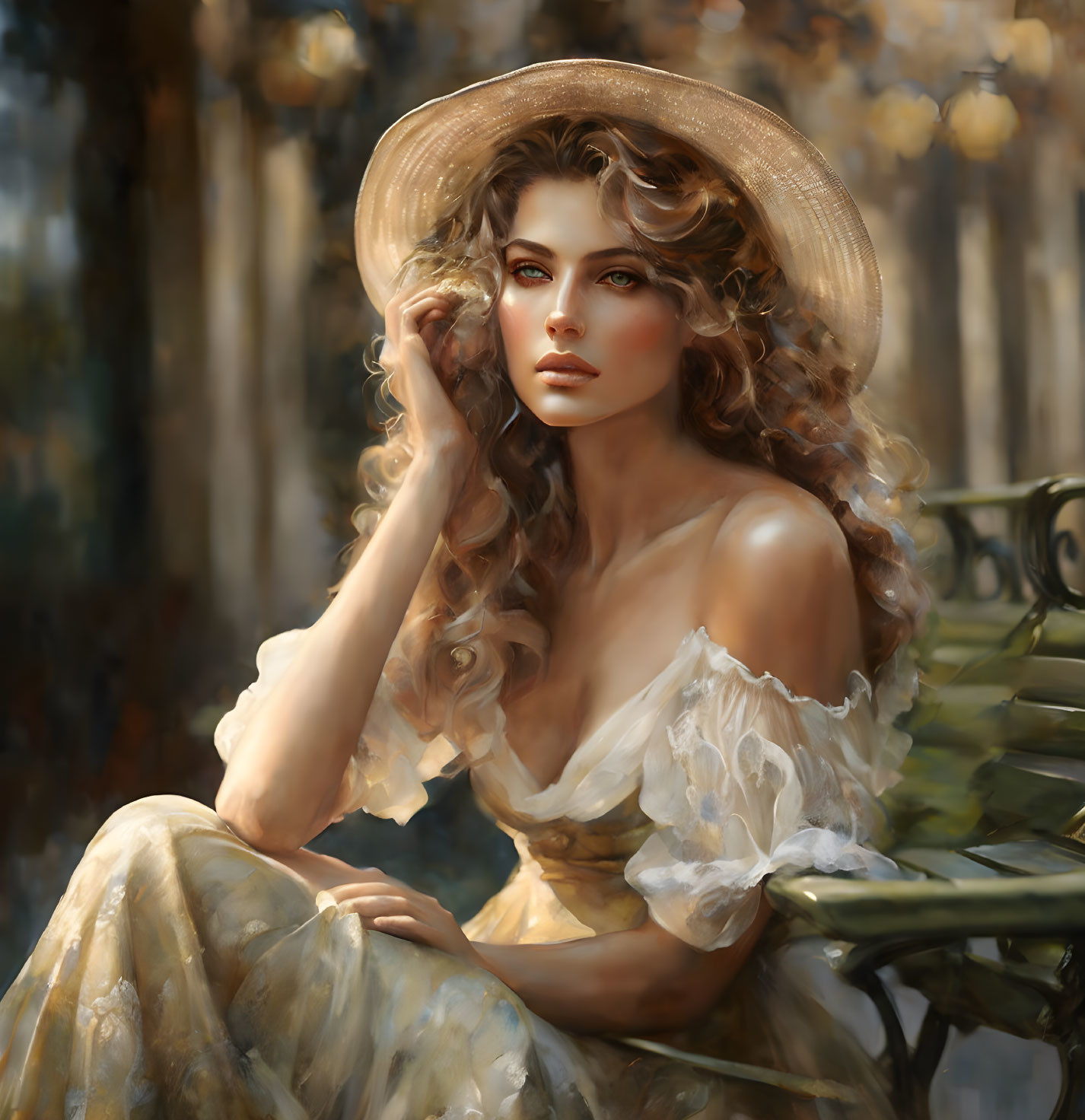 Woman with curly hair and wide-brimmed hat in contemplative outdoor setting.