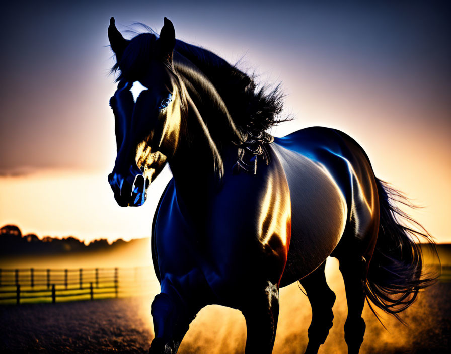 Majestic black horse with flowing mane at vibrant sunset