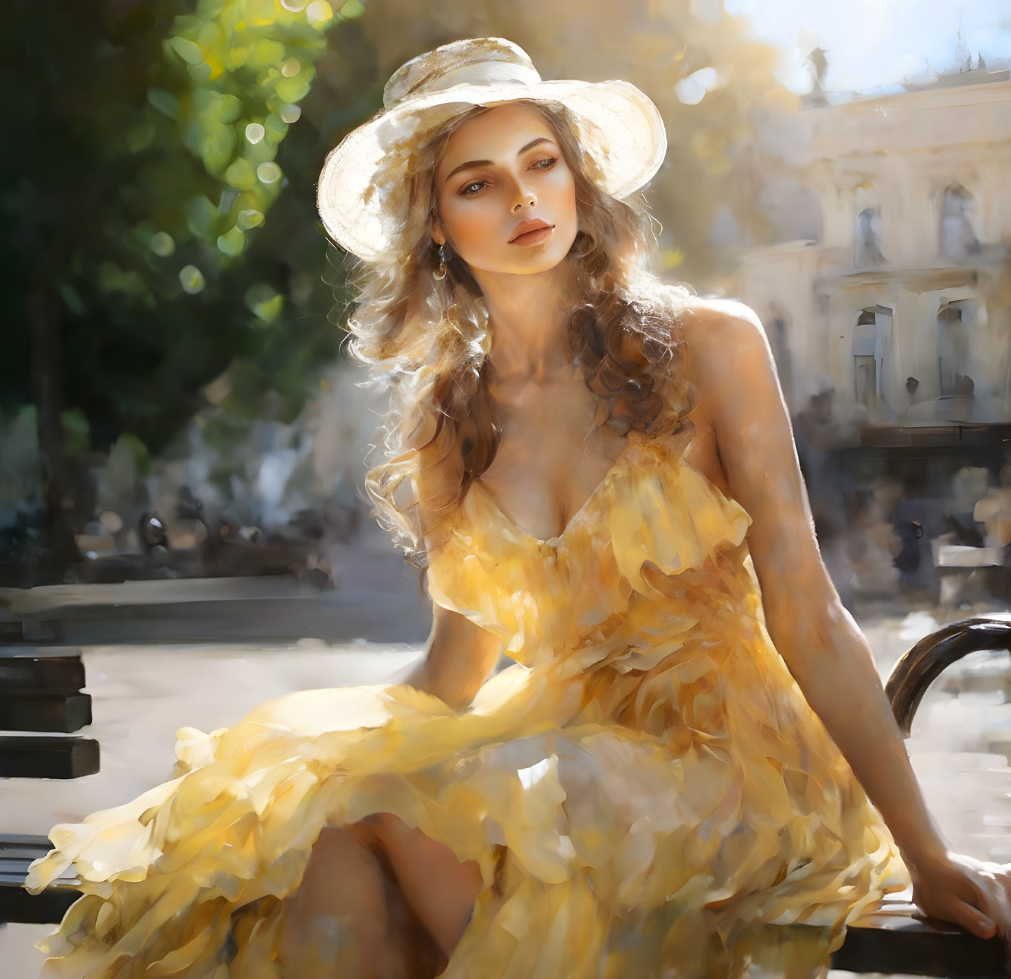 Woman in Yellow Dress and White Hat Sitting on Bench in Sun-Dappled City Setting