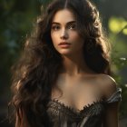 Portrait of Woman with Voluminous Curly Hair and Dark Feathery Dress