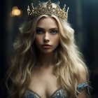 Ethereal woman with long blond hair and blue eyes in ornate crown and blue garment