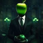 Surreal artwork: Person in suit with oversized green apple head, holding smaller apple