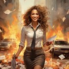 Confident woman in urban setting with flying papers and cars