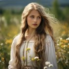 Woman portrait with flowing hair in white dress among sunlit flowers