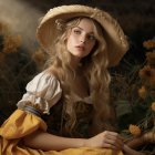 Blonde woman in straw hat and yellow dress among golden blooms