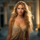 Woman with Golden Hair in Grecian Dress on Ethereal Background