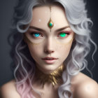 Digital portrait featuring woman with green eyes, white hair, and gold adornments