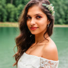 Woman with Wavy Hair in Lace Dress by Serene Lake