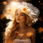 Blonde woman with lace hat and yellow flowers in warm, golden glow