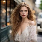 Woman portrait with curly hair, off-shoulder dress, and captivating eyes in warm bokeh setting