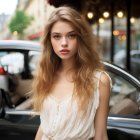 Blonde woman in flowy dress by car with street lights