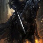 Armored knight on horse in fiery battlefield.