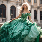 Blonde woman in green gown by ornate building