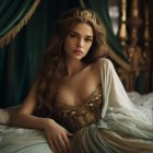 Regal woman with gold crown in ornate dress and luxurious setting