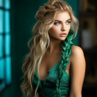 Blonde woman with braided hair in green dress on blue background