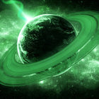 Sci-fi digital artwork of planet, spaceship, green energy, and nebula