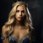 Regal woman with blonde hair and golden crown in dark setting