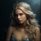 Illustrated portrait of young woman with blonde hair, gold crown, and blue dress.