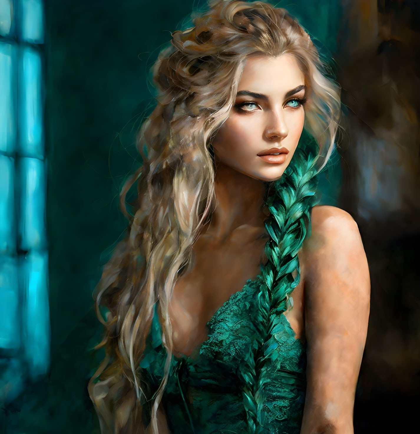 Blonde woman with braided hair in green dress on blue background