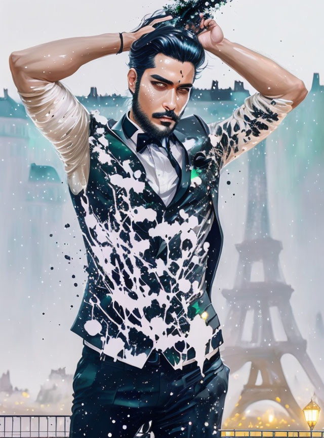 Bearded man with slicked-back hair covered in white paint at Eiffel Tower