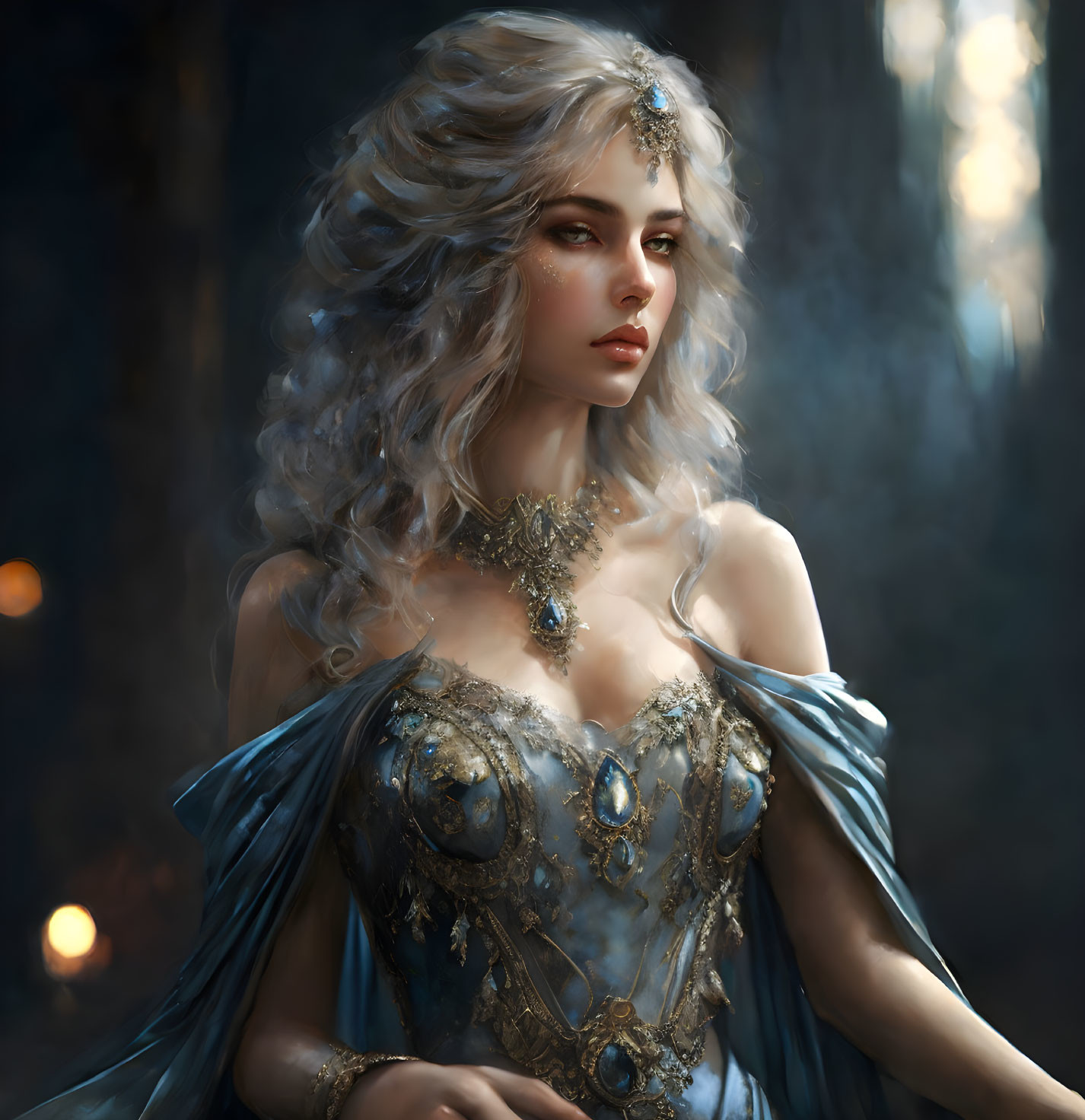 Curly Ash-Blonde Haired Woman in Jewel Headpiece and Ornate Blue Dress