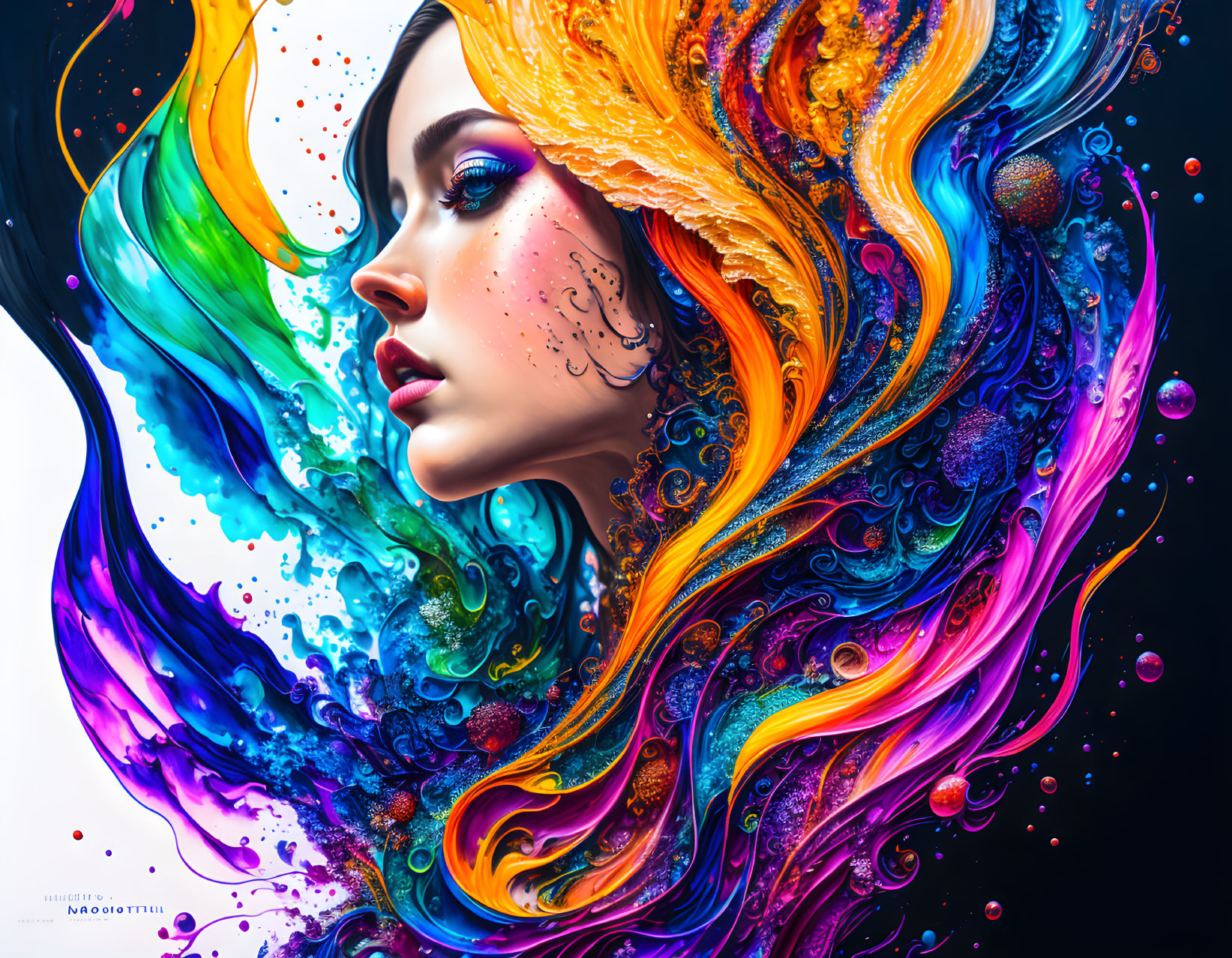 Colorful digital artwork: Woman's hair transitions into vibrant liquid splash