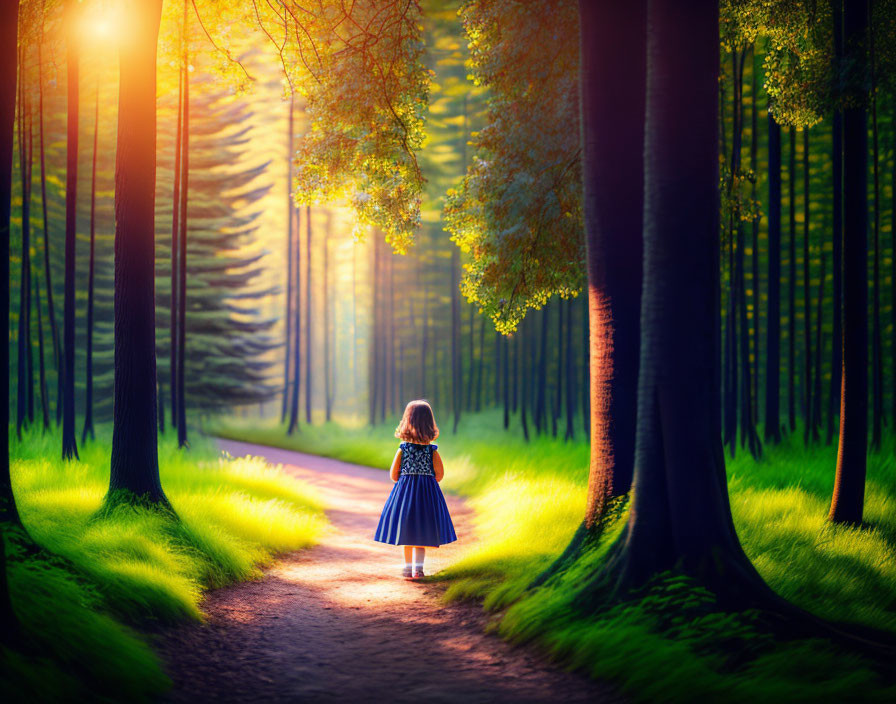 Child in Blue Dress on Sunlit Forest Path Among Tall Green Trees