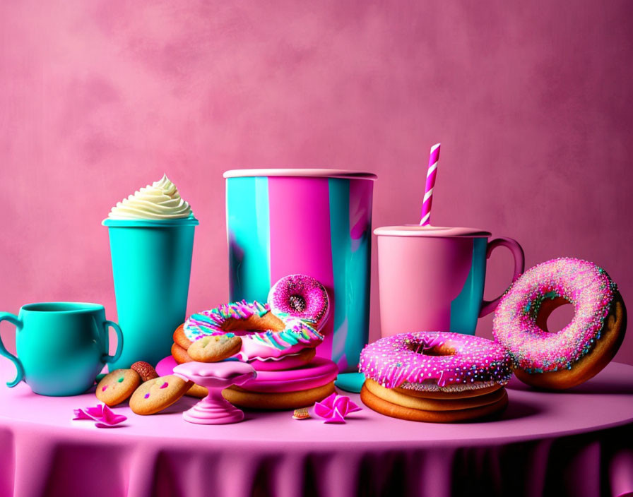 Colorful Doughnuts, Cups, and Cookies on Pink Background