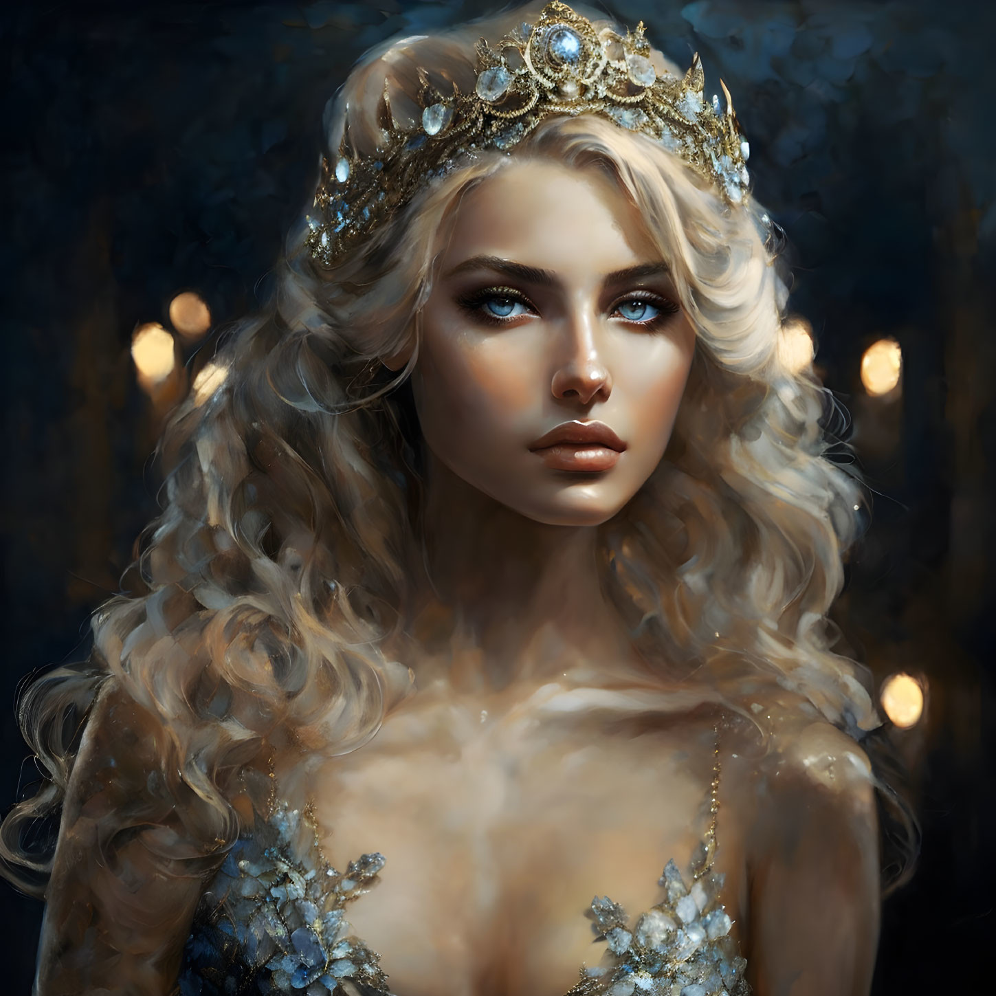 Blonde woman in golden crown and blue floral dress against warm lights