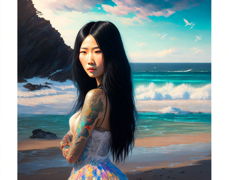 Long-haired woman with arm tattoo on beach with waves and sea birds