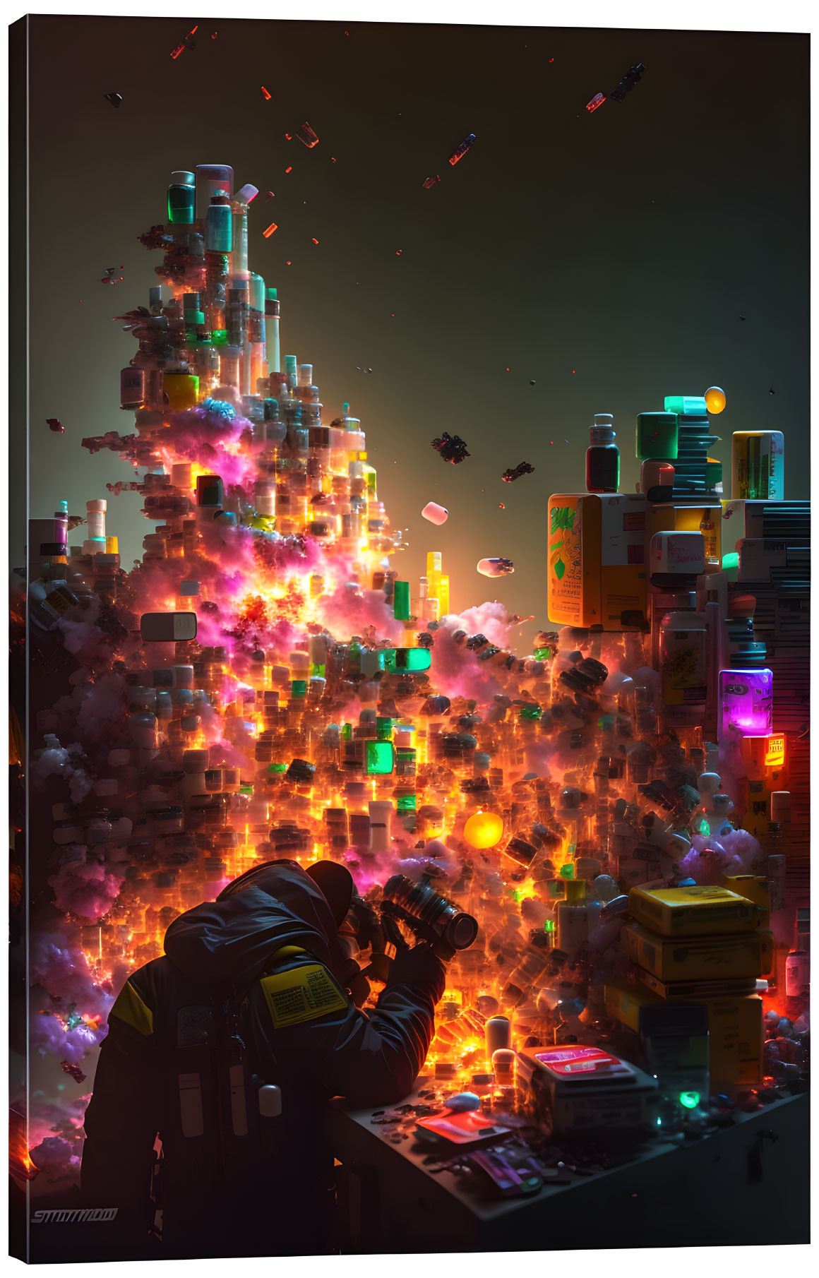 Figure in protective gear examines glowing futuristic cityscape in chaos