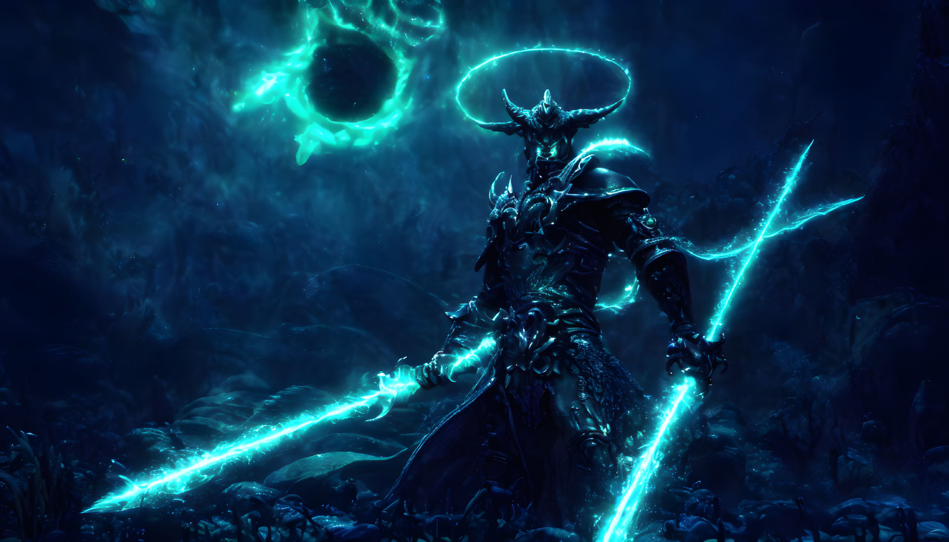 Glowing blue armored figure with spear under dark sky and mystical portal