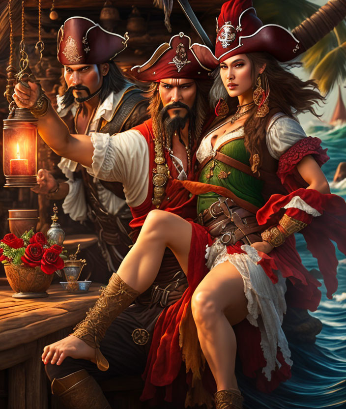 Pirate man with lantern and woman with pistol on ship deck.